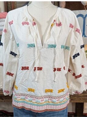 Lou & Grey for The LOFT White Boho Tunic with Multicolor Embroidered Accents